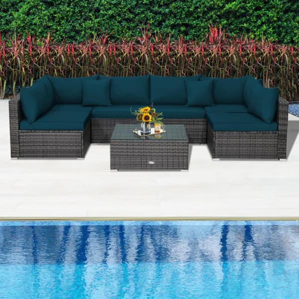7-Piece Wood Outdoor Sectional Wicker Furniture Sofa Set with Green Cushions and Tempered Glass Top Coffee Table