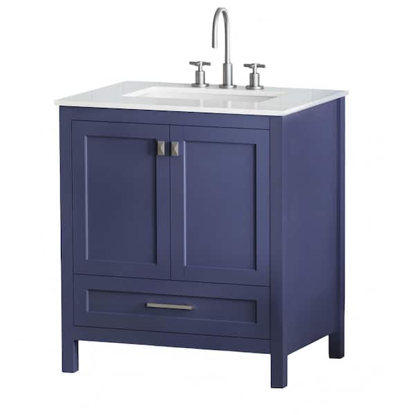 AZDHOME 30 in. W. x 19 in. D x 34 in. H Single Sink Solid Wood Bath Vanity in Blue with White Engineered Marble Top