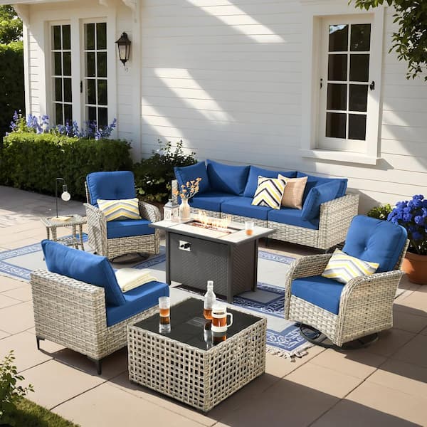 HOOOWOOO Holston 9-Piece Wicker Modern Outdoor Patio Fire Pit Conversation Sofa Set with Swivel Chairs and Navy-Blue Cushions