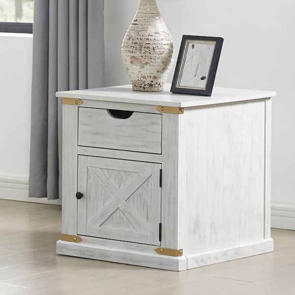 Furniture of America Sueli 22 in. Antique White and Gold Rectangle Wood End Table with Barnyard Design