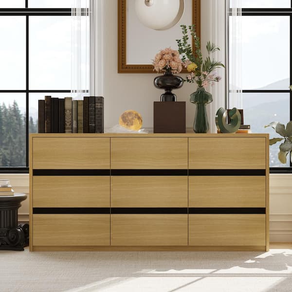 FUFU&GAGA Wooden Grain and Black 9-Drawers 63 in. W Wooden Chest of Drawers, Dresser, Storage Sideboard without Mirror