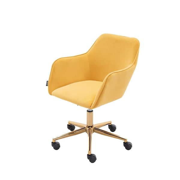 null Modern Yellow Velvet Adjustable Height 360 Revolving Home Office Chair With Gold Metal Legs And Universal Wheel