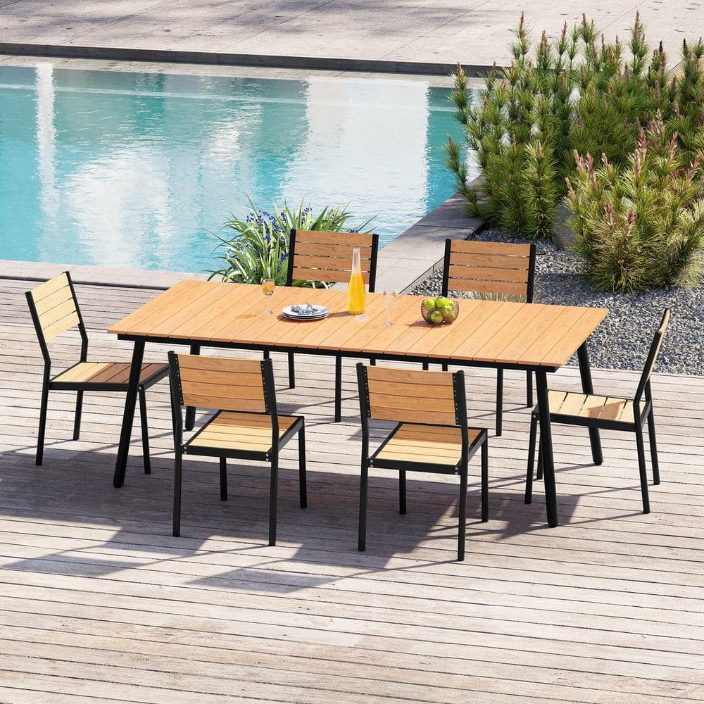 Brown 7-Piece Aluminum Rectangular 82 in. Table Outdoor Dining Set with Umbrella Hole price history on PriceWatchPro