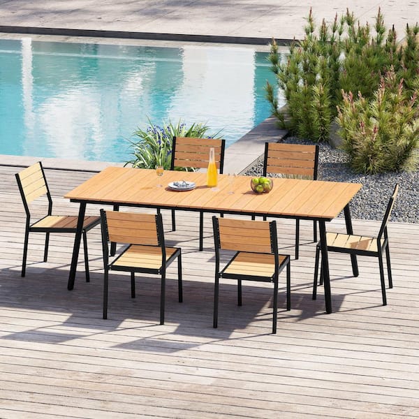 Brown 7-Piece Aluminum Rectangular 82 in. Table Outdoor Dining Set with Umbrella Hole