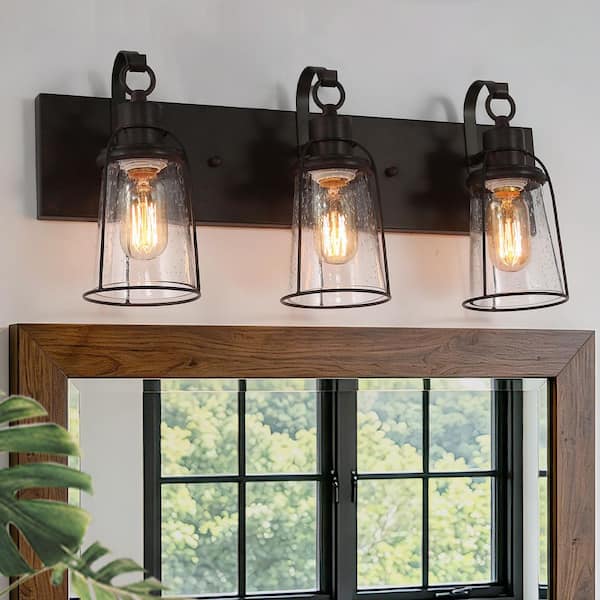 Farmhouse Rustic Oil-Rubbed Bronze Vanity Light, 22 in. 3-Light Cage Bathroom Wall Sconce with Seeded Glass Shades