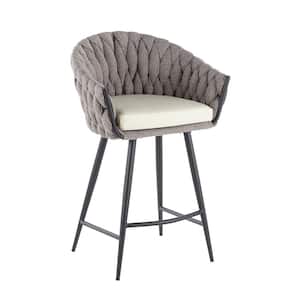 Braided Matisse 26 in. Solid Back Black Metal with Grey Fabric and Cream Faux Leather Counter Height Stool