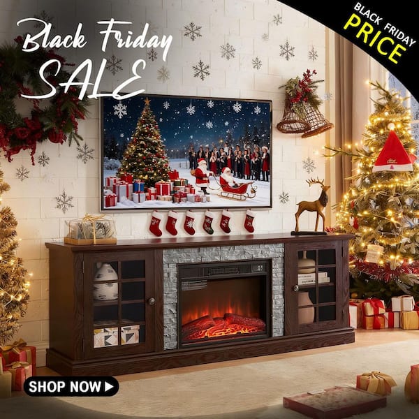 70 in. W Freestanding Wooden with Faux Stacked Stone Surround Large Electric Fireplace TV Stand in Cherry