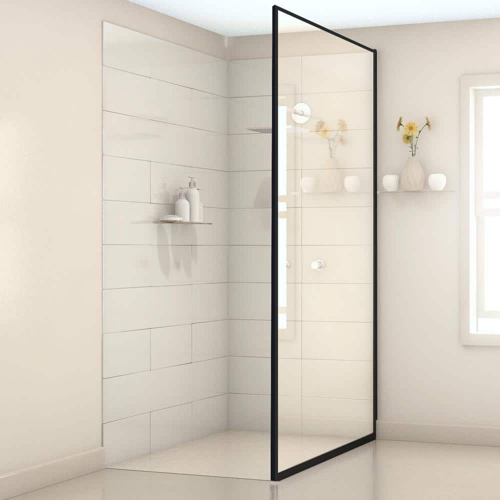 Velvon 34" x 74" Matte Black Framed Fixed Glass Shower Panel