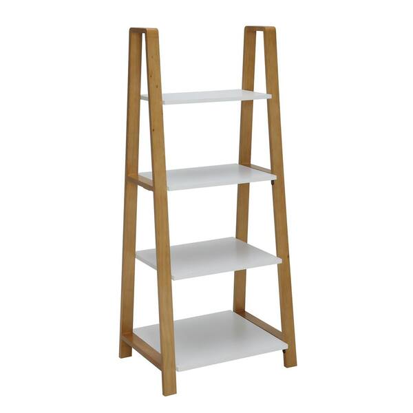 USL 50 in. White/Natural Maple Wood 4-shelf Ladder Bookcase with Open Back