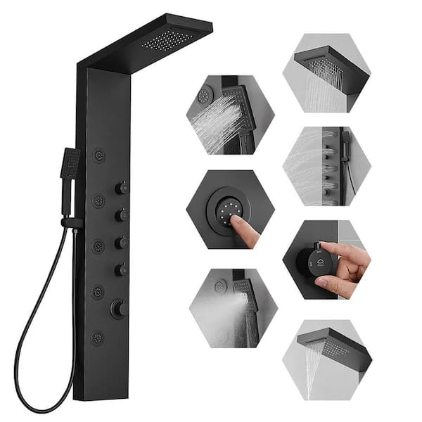 HOMEMYSTIQUE Dual 3-in-1, 5-Jet Shower Panel Tower System with Rainfall Waterfall Shower Head, and Massage Body Jets in Matte Black