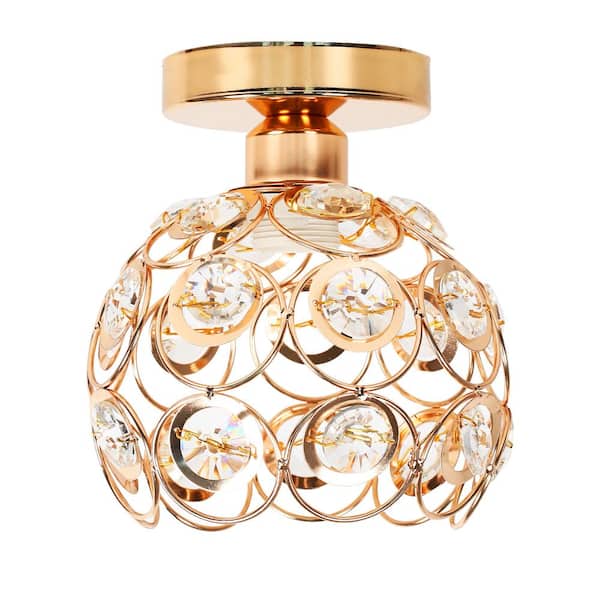 YANSUN 7 in. 1-Light Gold Semi Flush Mount Ceiling Light Fixture with Antique Metal Crystal Shade