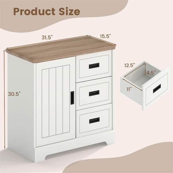 Farmhouse Ivory and Oak MDF Sideboard Buffet Cabinet with Sliding Doors 3 Drawers Adjustable Shelf