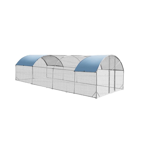 9.2'W x 24.9'L x 6.5'H Outdoor Farm Large Metal Chicken Coop Poultry Cage with Triple Support and Silver-Plated Canopy