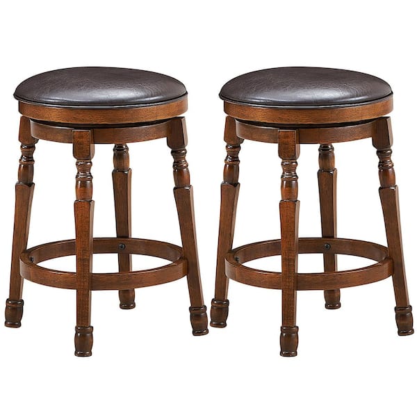 Costway 24 in. Walnut Swivel Bar Stool with Leather Padded