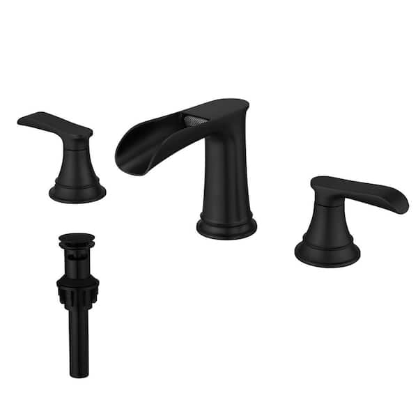 AIMADI 8 in. Widespread Double Handle Waterfall Bathroom Faucet with Drain Assembly 3 Hole Bathroom Basin Taps in Matte Black