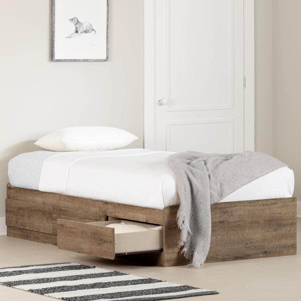 Weathered Oak Twin Platform Bed with 3 Storage Drawers
