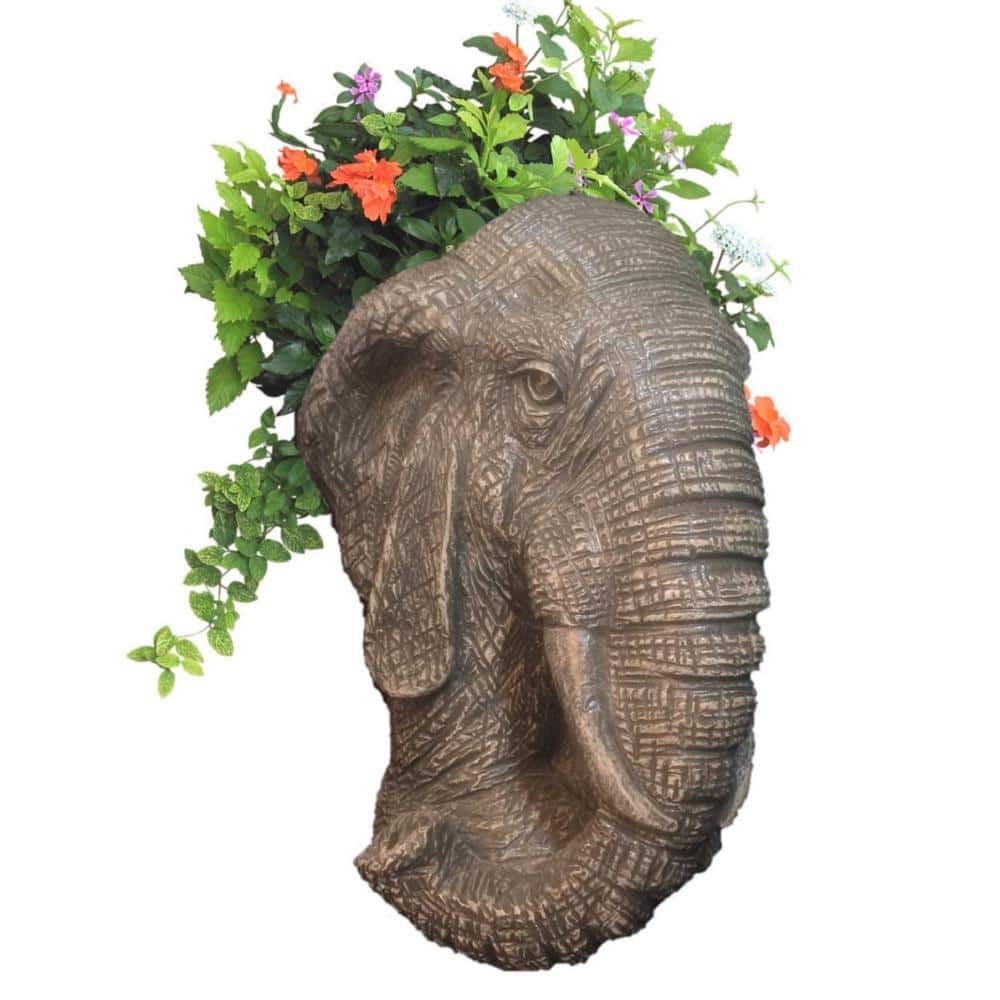 Homestyles 18 in. Antique White Elephant Muggly Mascot Animal Statue Planter Holds A 7 in. Pot