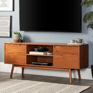 58 in. Caramel Solid Wood TV Stand Fits TVs up to 65 in. with Cutout Cabinet Handles