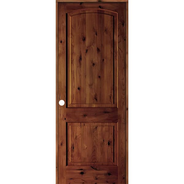 18 in. x 96 in. Rustic Knotty Alder 2-Panel Right Handed Red Chestnut Stain Wood Single Prehung Interior Door w/Arch Top