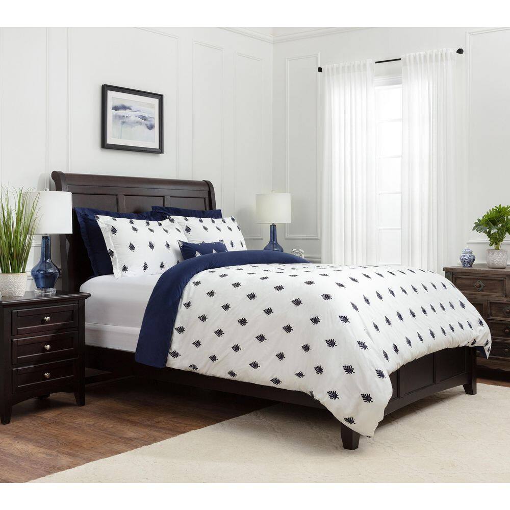 Navy and White Embroidered Microfiber Queen Duvet Cover Set