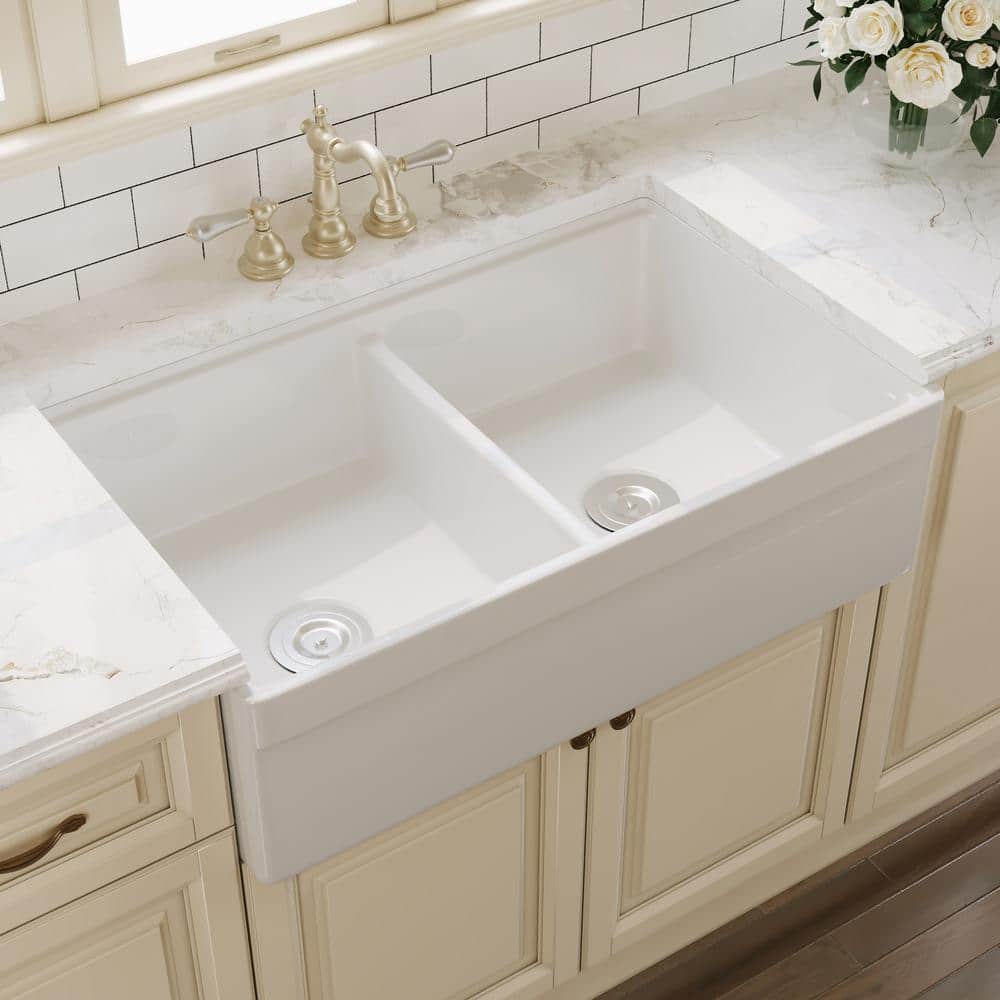 33" White Fireclay Double Bowl Farmhouse Kitchen Sink with Accessories