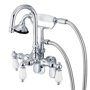 3-Handle Vintage Claw Foot Tub Faucet with Hand Shower and Porcelain Lever Handles in Triple Plated Chrome