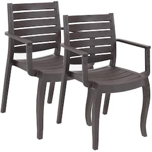 Illias Plastic Outdoor Patio Arm Chair in Brown (Set of 2)