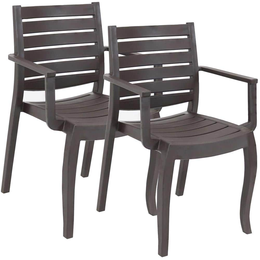 Sunnydaze Illias Plastic Outdoor Patio Arm Chair in Brown (Set of 2 ...