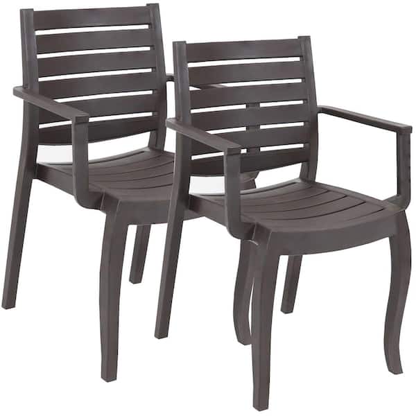 Sunnydaze Illias Plastic Outdoor Patio Arm Chair in Brown (Set of 2)