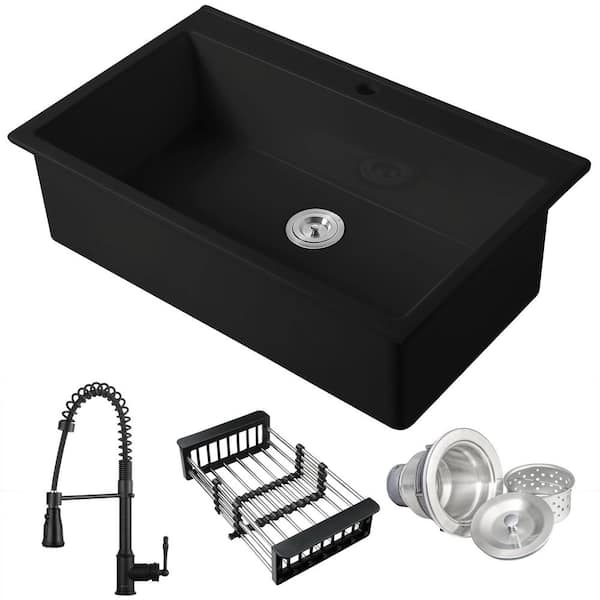Workstation 36 in. Drop-In Single Bowl Black Fireclay Kitchen Bundle and Faucets with Basket Strainer