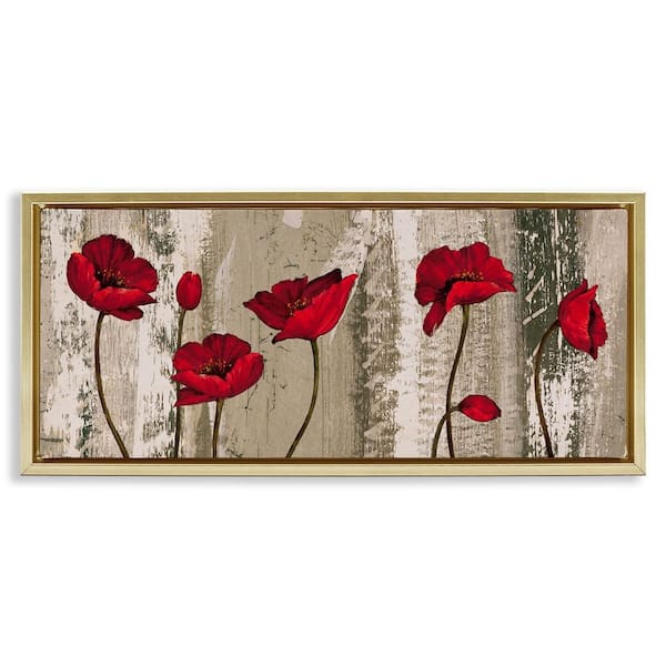 Stupell Industries Red Anemones on Tan by Brian Foster Gold Floater Frame Nature Graphic Art Print 11 in. x 25 in.
