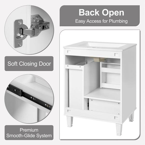 JUJABU 24 in. Freestanding White Bath Vanity with White Ceramic