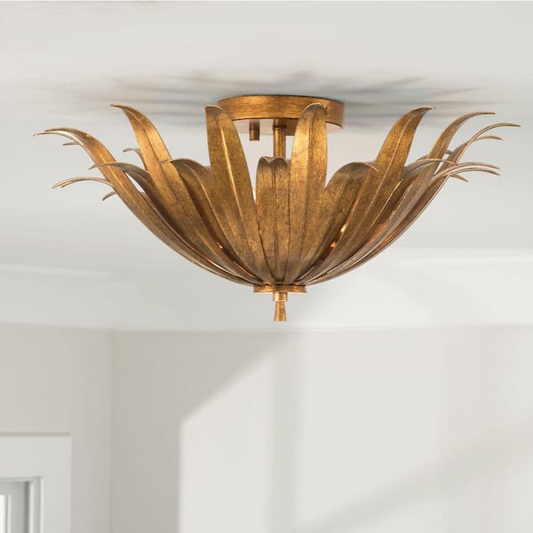Eden 18 in. 3-Light Bowl Antique Gold Botanical Semi-Flush Mount Light for Foyer