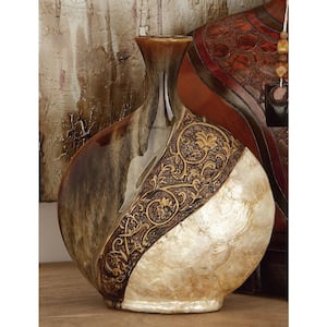 14 in. Brown Ceramic Decorative Vase with Embedded Details and Capiz Shell Accents
