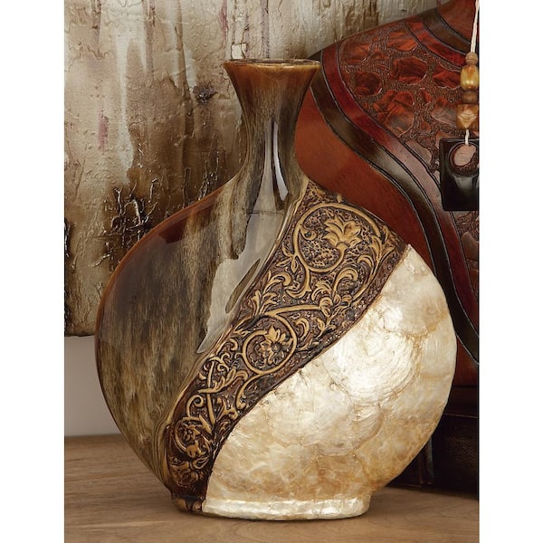 Litton Lane 14 in. Brown Ceramic Decorative Vase with Embedded Details and Capiz Shell Accents