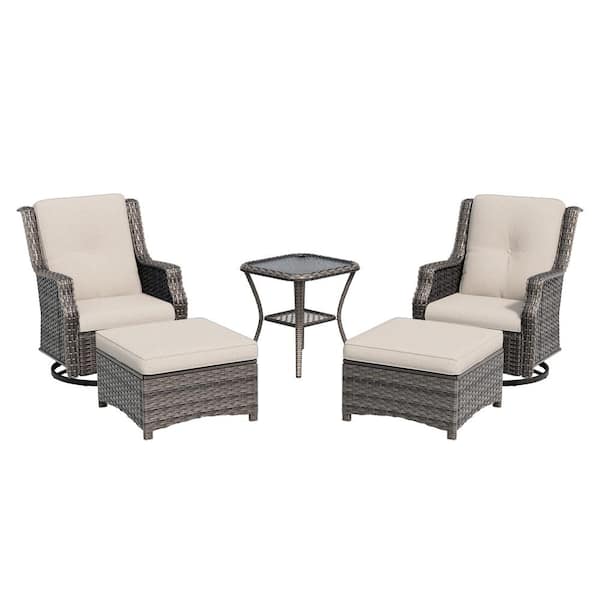 5-Piece Wicker Patio Conversation Set with Beige Cushions and Swivel Rocking Chairs