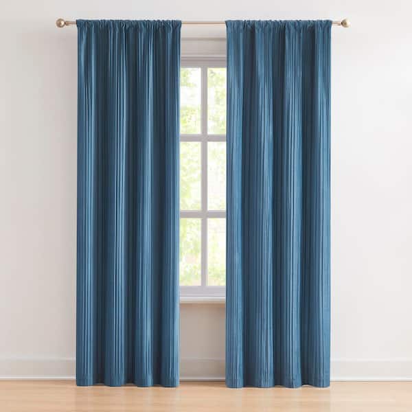 Glam Pleated Blue Velvet 38 in. W x 84 in. L Rod Pocket Light Filtering Curtain (Set of 2)