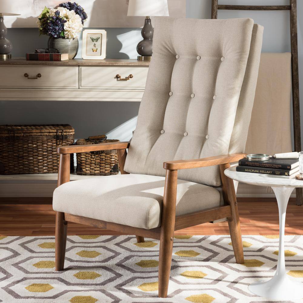 Walnut Brown & Light Beige Leather High-Back Accent Chair