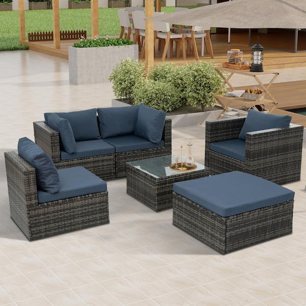 Zeus & Ruta 6-Piece Wicker Outdoor Sectional Set with Tempered Glass Coffee Table and Blue Cushions for Outdoor, Garden