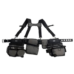 3-Bag Mullet Buster Adjustable Tool Belt Tool Storage Suspension Rig with Suspenders and 29-Pockets in Grey
