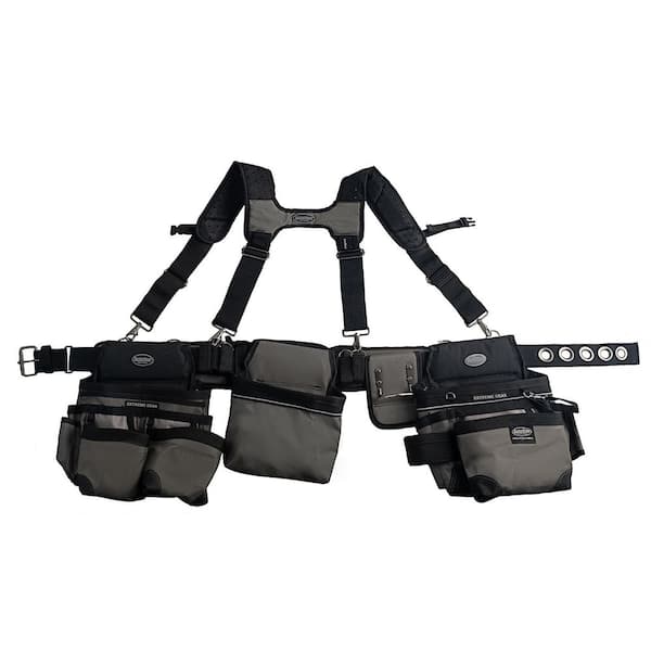 BUCKET BOSS 3-Bag Mullet Buster Adjustable Tool Belt Tool Storage Suspension Rig with Suspenders and 29-Pockets in Grey