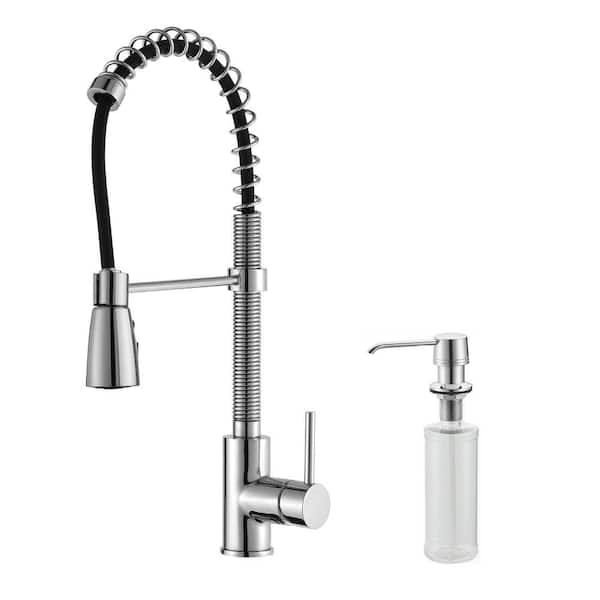 KRAUS Commercial-Style Single-Handle Pull-Down Kitchen Faucet with Three-Function Sprayer and Soap Dispenser in Chrome