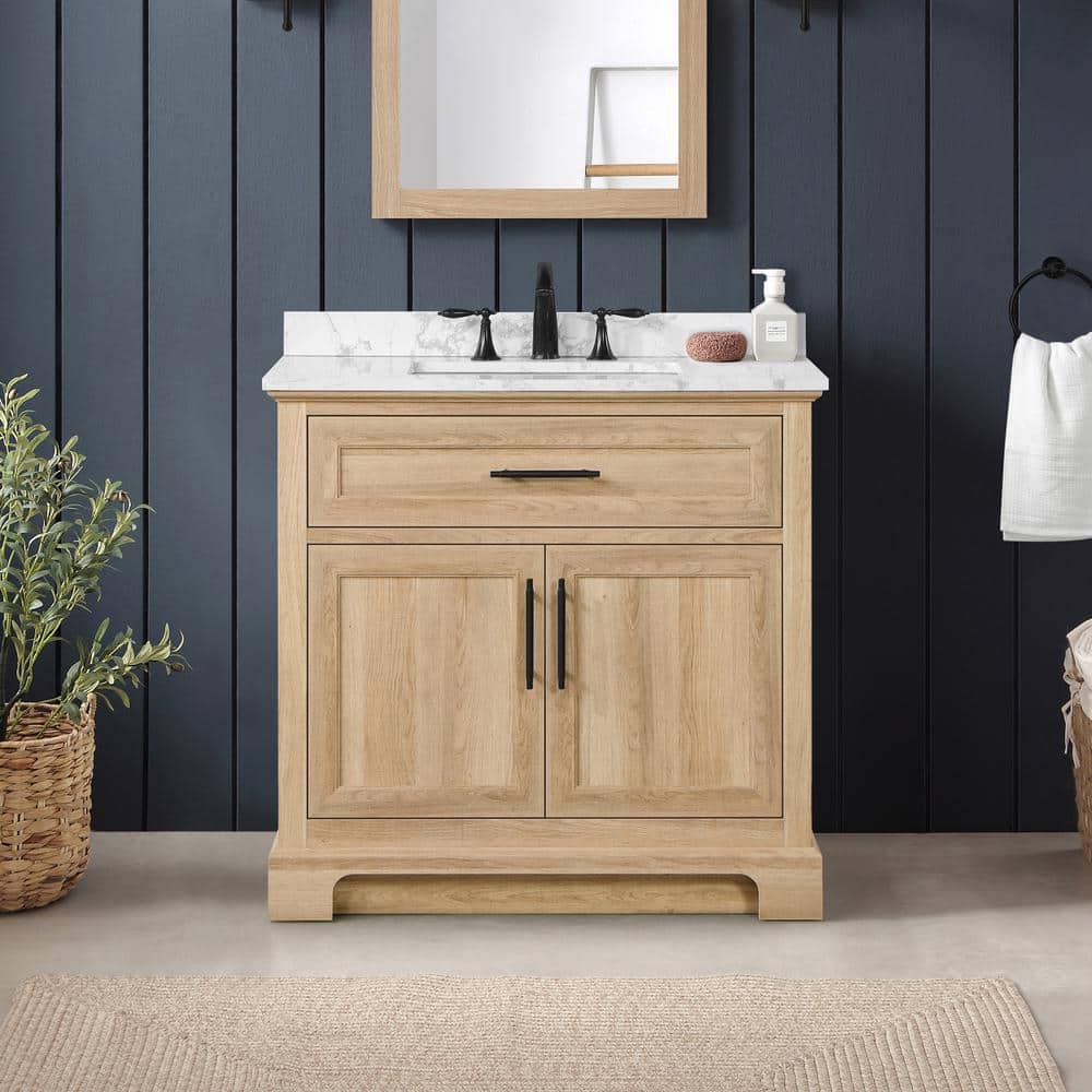 Home Decorators Collection Doveton 36 in. W x 19 in. D x 34 in. H Single Sink Bath Vanity in Weathered Tan with White Engineered Marble Top -  Doveton 36WT