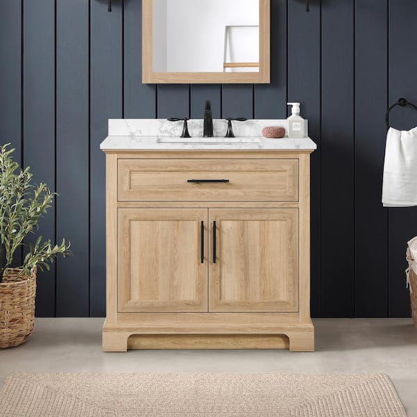 Home Decorators Collection Doveton 36 in. Single Sink Freestanding Weathered Tan Bath Vanity with White Engineered Marble Top (Fully Assembled)