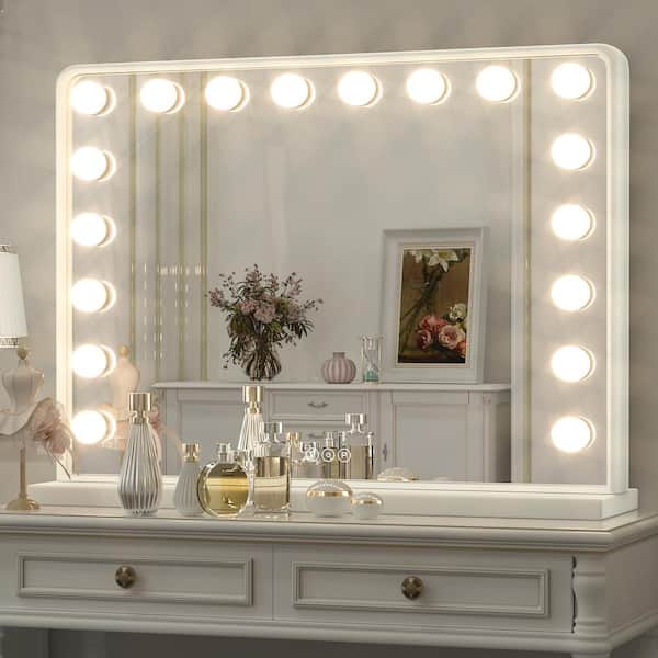 KeonJinn 32 in. W x 24 in. H Hollywood Vanity Mirror Light, Makeup Dimmable Lighted Mirror for Table in White Frame
