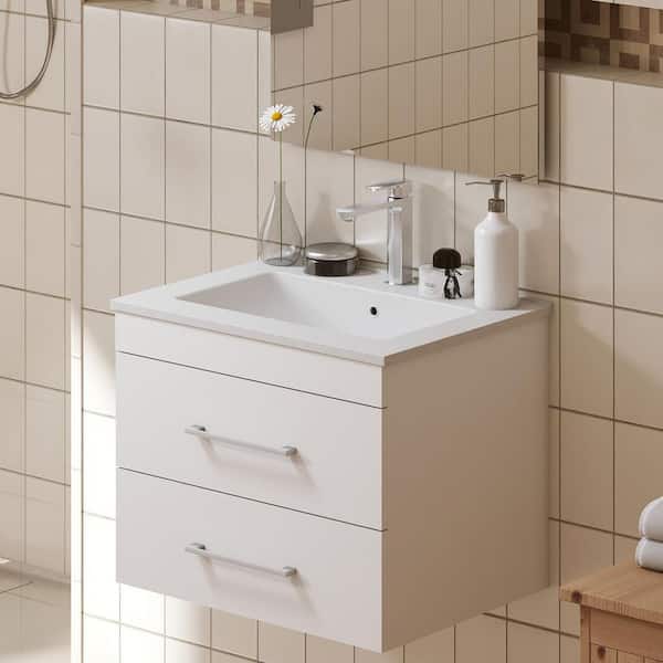 24 in. Floating Single Sink White Bath Vanity with White Ceramic Top