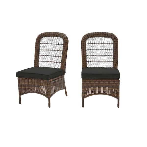 Hampton Bay Beacon Park Brown Wicker Outdoor Patio Armless Dining Chair with CushionGuard Graphite Dark Gray Cushions (2-Pack)