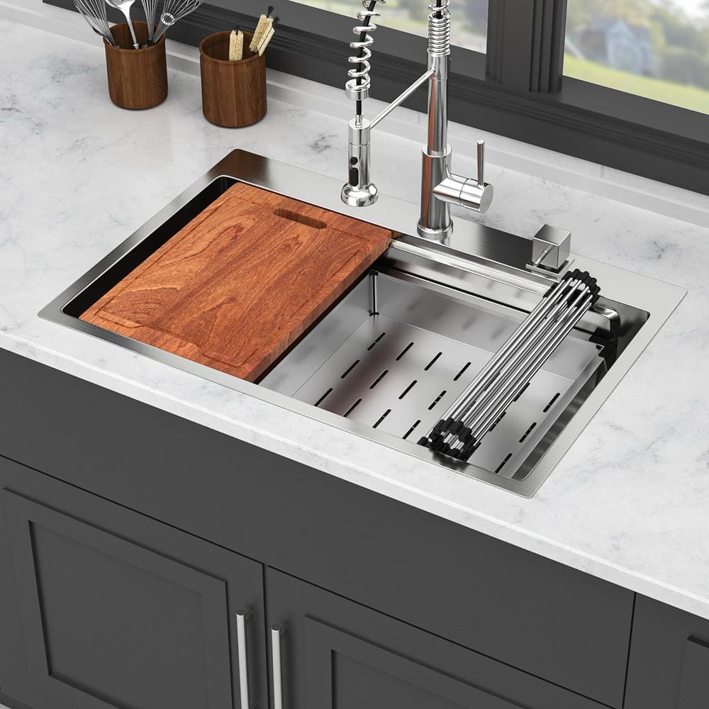 33 in. Drop in Single Bowl 16 Gauge Brushed Nickel Stainless Steel Kitchen Sink with Workstation price history on PriceWatchPro