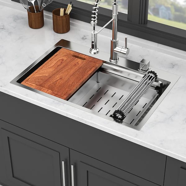 33 in. Drop in Single Bowl 16 Gauge Brushed Nickel Stainless Steel Kitchen Sink with Workstation
