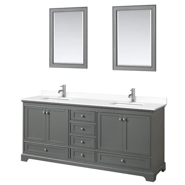 Wyndham Collection Deborah 80in.Wx22 in.D Double Vanity in Dark Gray with Cultured Marble Vanity Top in White with Basins and Mirrors